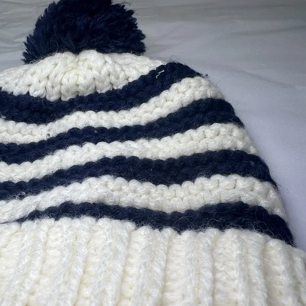 Starting Out Size Infant Beanie‎ Hat Blue White Faux Fur Pom Pom Baby Boy Winter